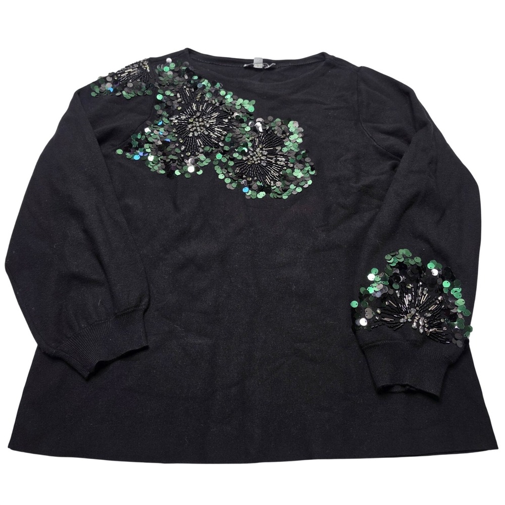 Chicos Black Sequin Floral Beaded Sweater Womens Size 2 L Green Embellished Knit